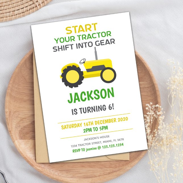Inbjudan till gult Tractor Birthday (White Yellow Tractor Birthday Invitations)