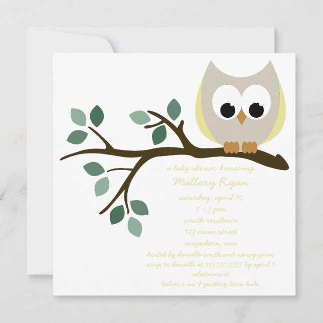 Inbjudan till gult Uggla Baby Shower (Framsida)