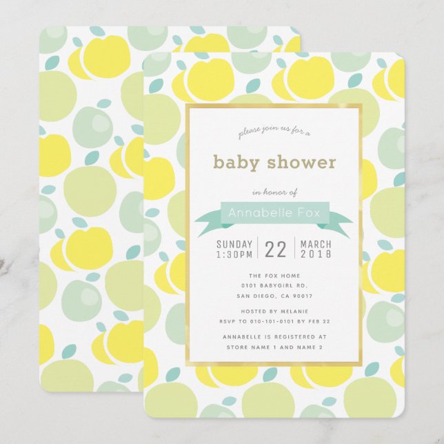 Inbjudan till Gulten Apple Mönster Baby Shower för (Fram/baksida)
