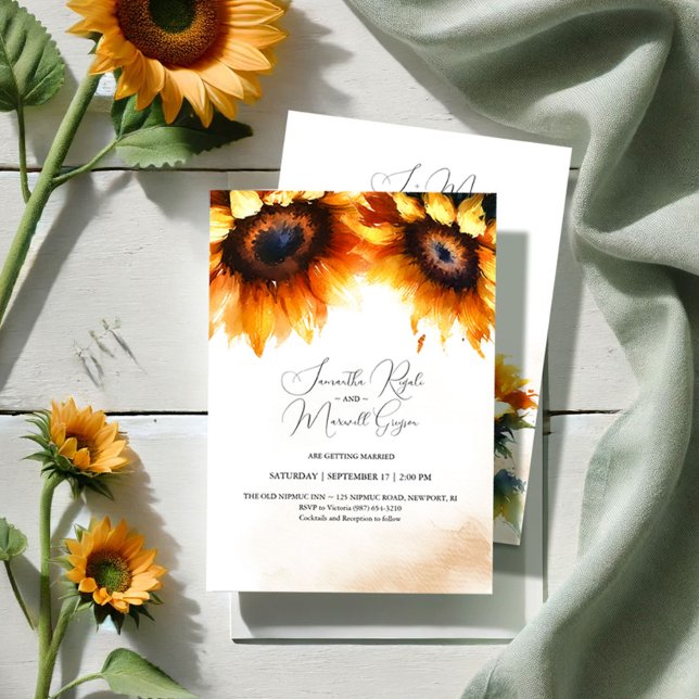 Inbjudan till gultens solrosbröllop (Sunflower wedding invitations additional information on the back modern rustic stationery)