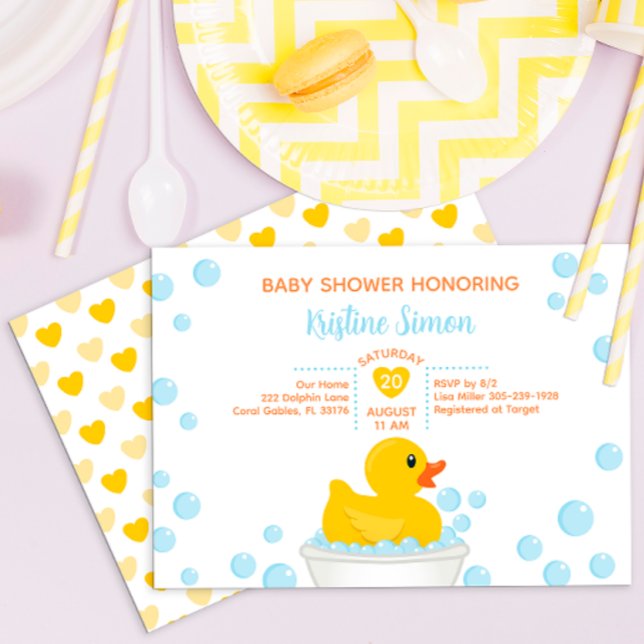 Inbjudan till gummibabyskor i Anka - Bubble Bath T (rubber duck yellow rub a dub dub baby shower invitation)