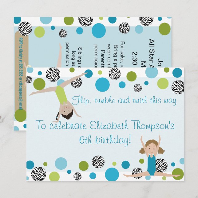 Inbjudan till Gymnastics Party Black, Aqua och Grö (Fram/baksida)