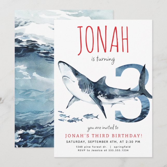 Inbjudan till haj tredje födelsedag (Fram/baksida)