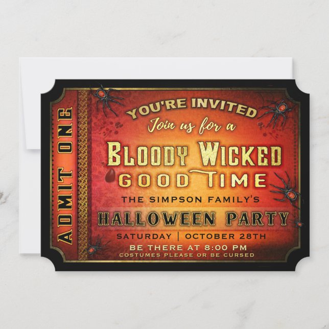 Inbjudan till Halloween fest Bloody Wicked Biljett (Framsida)