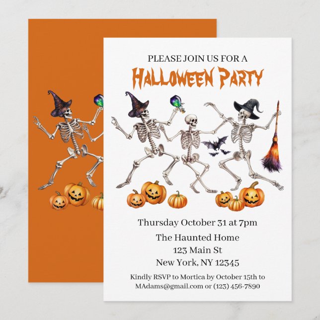 Inbjudan till halloween fest Dancing Skeletons (Fram/baksida)