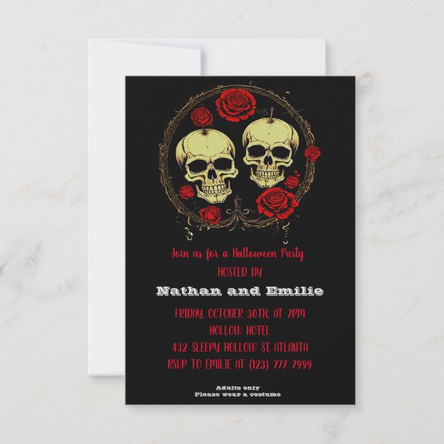 Inbjudan till Halloween fest-skalle i röd ros (Framsida)