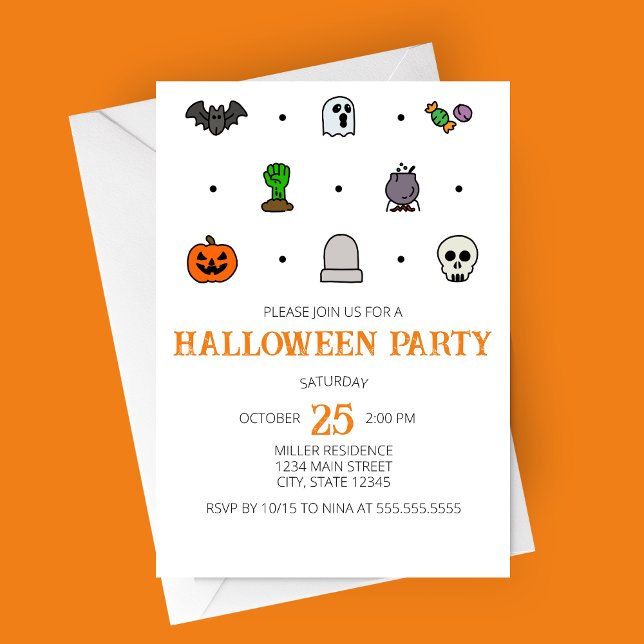 Inbjudan till Halloween Line Icons Halloween fest (Halloween icons Halloween Party Invitation | Bat, Ghost, Candy, Zombie, Cauldron, Tombstone, Skull)