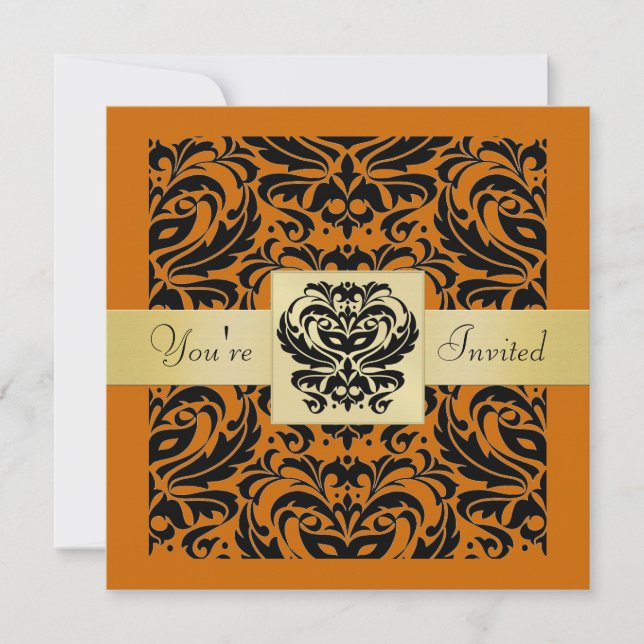 Inbjudan till Halloween-Orange Mask Black Damask (Framsida)