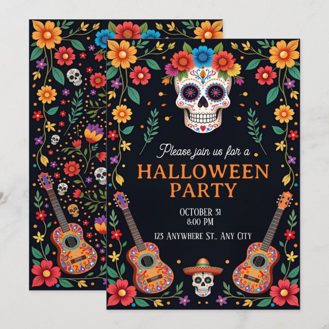 Inbjudan till Halloweenfest med färggranna kranier (Fram/baksida)