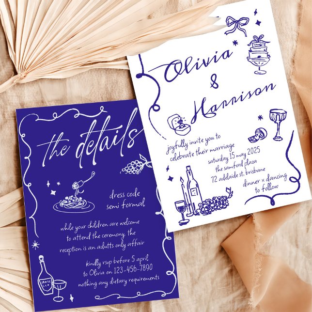 Inbjudan till Hand plockade Elegant Retro Blue Wed (Skapare uppladdad)