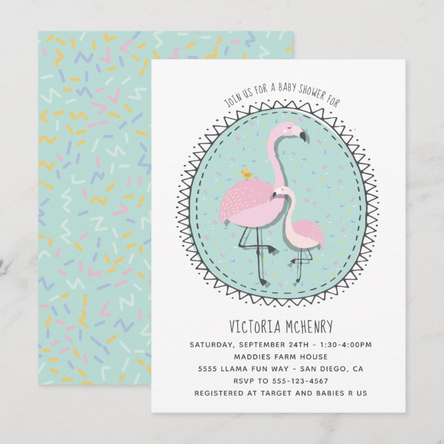 Inbjudan till Hand plockade Flamingo Baby Shower (Fram/baksida)