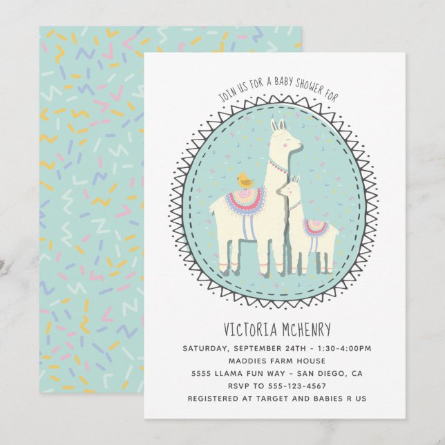 Inbjudan till hand plockade Llama Baby Shower (Fram/baksida)