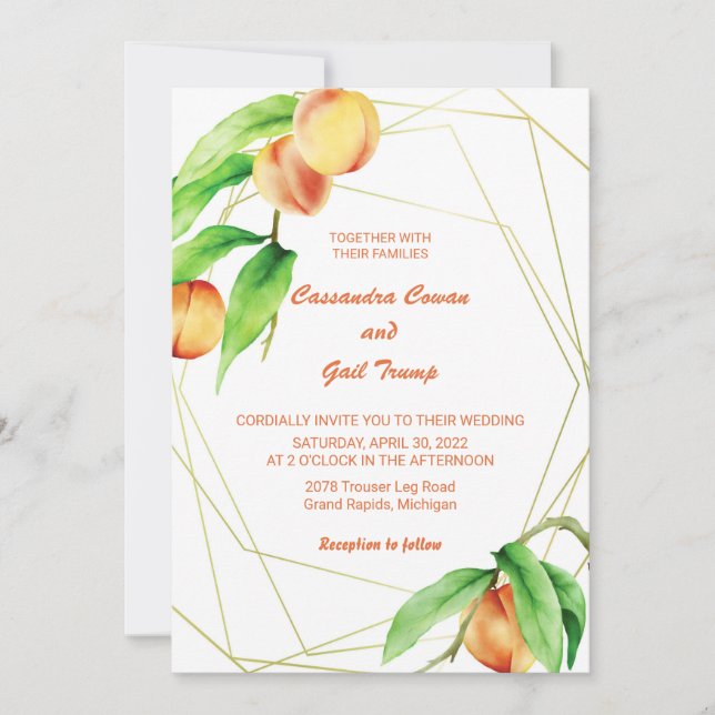Inbjudan till Hand plockade Peacher Watercolor Wed (Framsida)