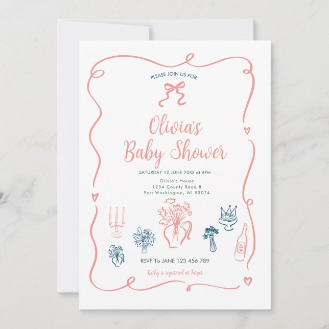 Inbjudan till hand plockade Rosa Peach Baby Shower (Framsida)