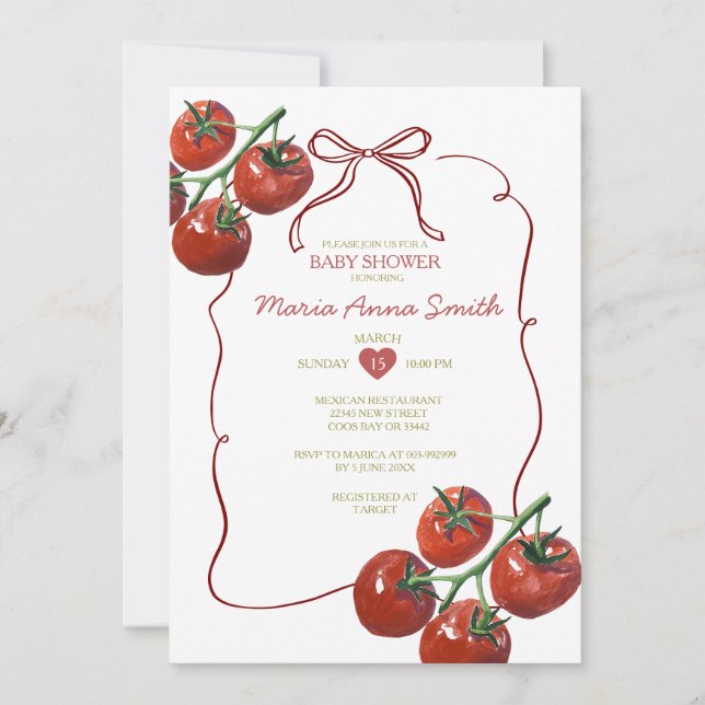 Inbjudan till hand plockade Tomato Baby Shower (Framsida)