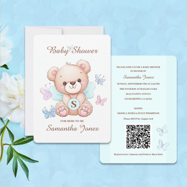 Inbjudan till handbojor för spädbarn med QR-kod (Create personalized baby shower invitations featuring a cute bear and butterflies.)