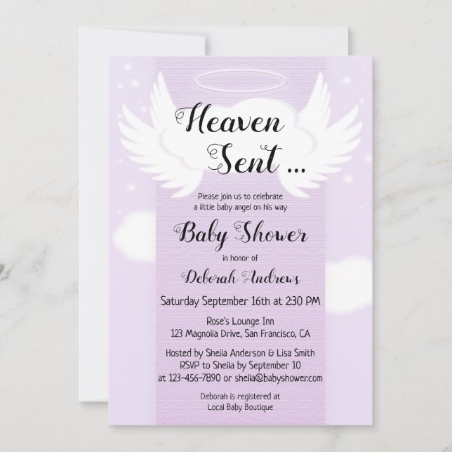 Inbjudan till Heaven Sent Angel Vingar Baby Shower (Framsida)