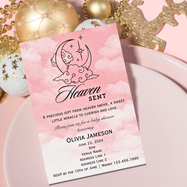 Inbjudan till Heaven Sent Baby Shower Rosa Måne St (Heaven Sent Pink Girl Baby Shower Invitation)