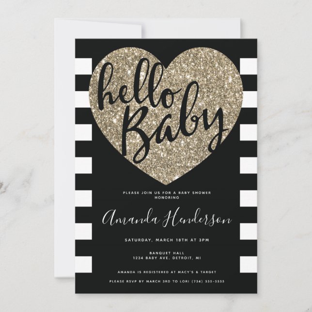 Inbjudan till hej Baby, Black & Guld Baby Shower (Framsida)