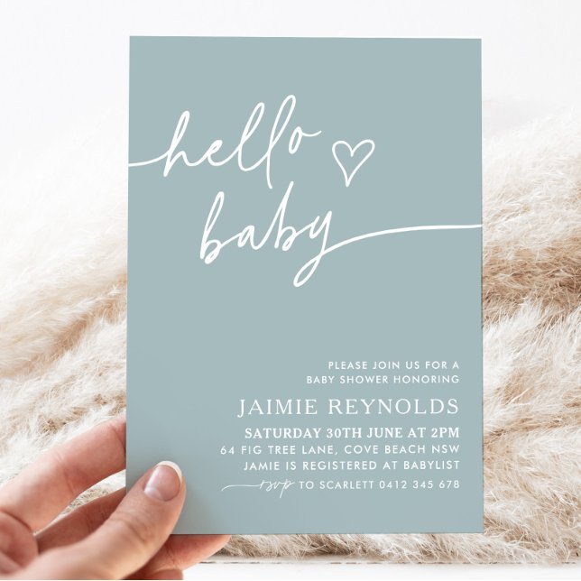 Inbjudan till hej Baby blue babyvisningsprogram (Blue Hello Baby Baby Shower Invitation | Matching items available.)