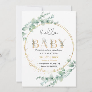 Inbjudan till Hej Baby i guld Eucalyptus