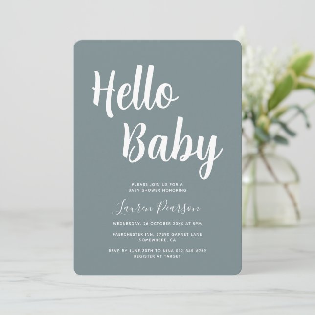 Inbjudan till hej Baby Rustic Blue Baby Shower (Stående Fram)