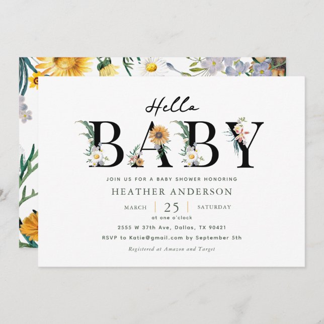 Inbjudan till hej Baby WildblomGirl Baby Shower (Fram/baksida)
