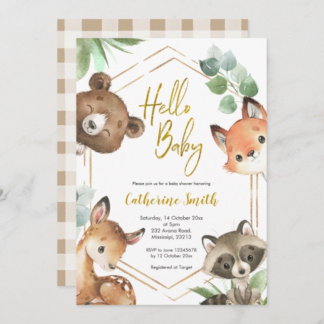 Inbjudan till hej Baby Woodland Baby Shower (Fram/baksida)