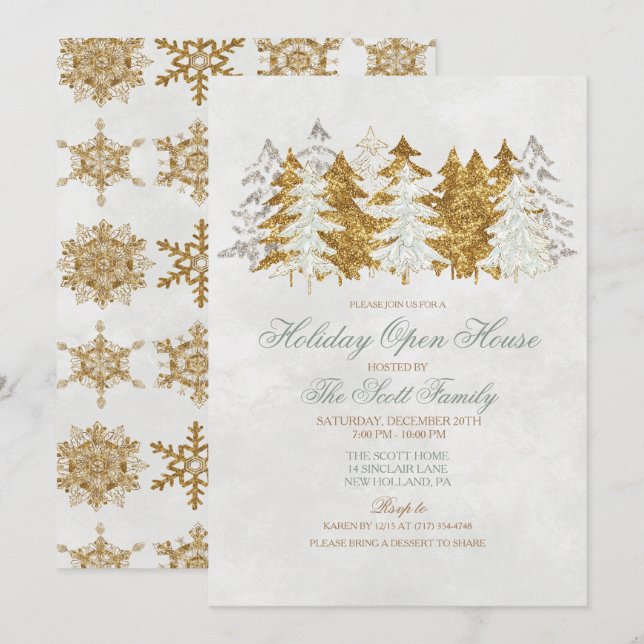 Inbjudan till Helgdag Open House Träd Snowflake (Fram/baksida)