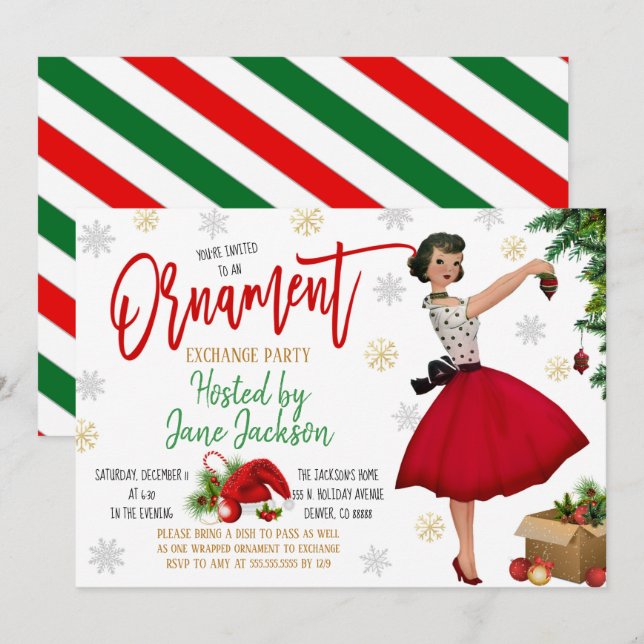 Inbjudan till Helgdag Ornament Exchange Party (Fram/baksida)
