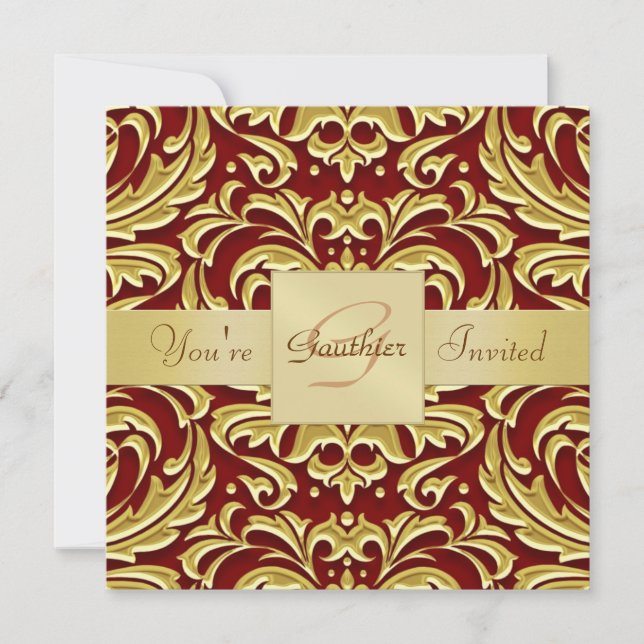 Inbjudan till Helgdag Red Metall Damask Foil Monog (Framsida)