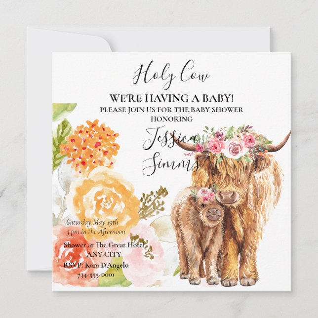 Inbjudan till heliga Cow Baby Shower Boho Highland (Framsida)