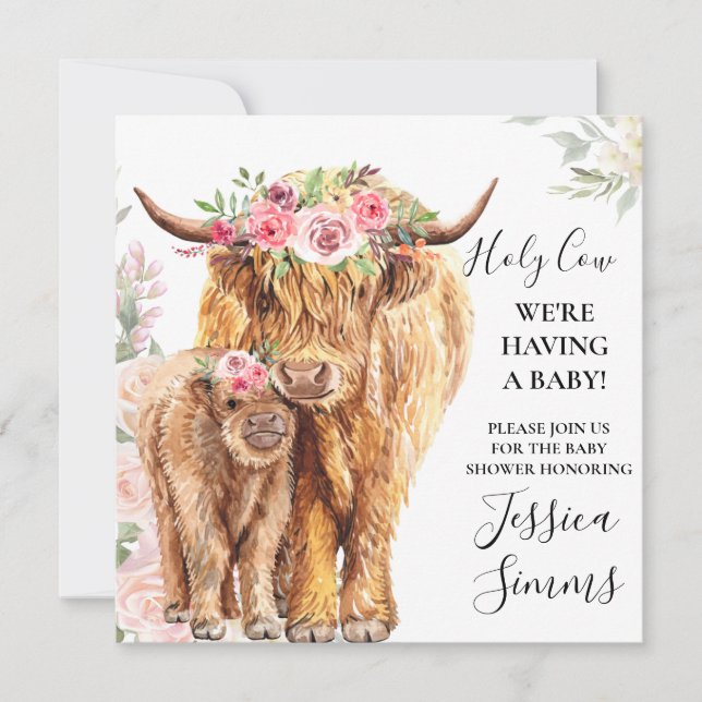 Inbjudan till heliga Cow Baby Shower Boho Highland (Framsida)