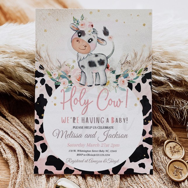 Inbjudan till heliga Cow Baby Shower Cow Boho Pamp (Holy Cow Baby Shower Invitation Cow Boho Pampas)