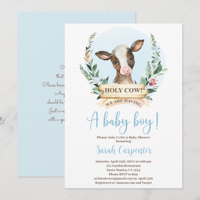 Inbjudan till heliga Cow Baby Shower-pojke (Fram/baksida)