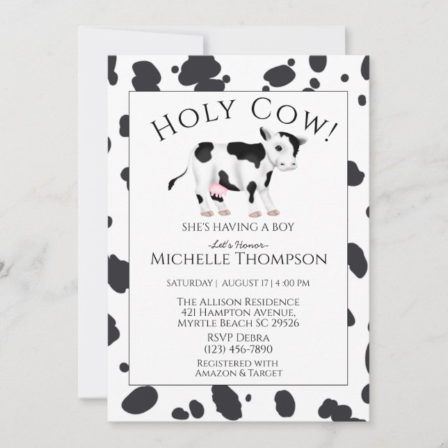 Inbjudan till heliga Cow Print Boy Baby Shower (Framsida)