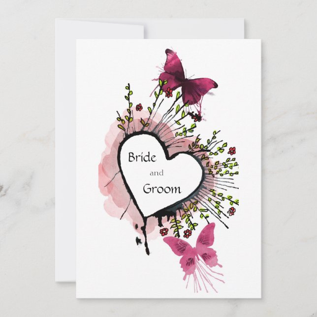 Inbjudan till hjärta, blommor och fjärilar (Framsida)