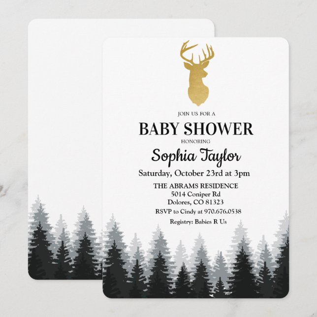 Inbjudan till hjort Baby Shower Forest Träd (Fram/baksida)