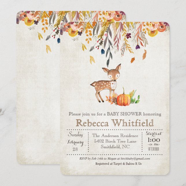 Inbjudan till hjort Pumpkin Baby Shower (Fram/baksida)
