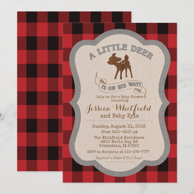 Inbjudan till hjort Rustic Baby Shower (Fram/baksida)