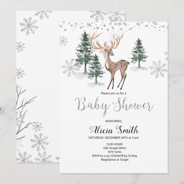 Inbjudan till hjort Winter Baby Shower (Fram/baksida)