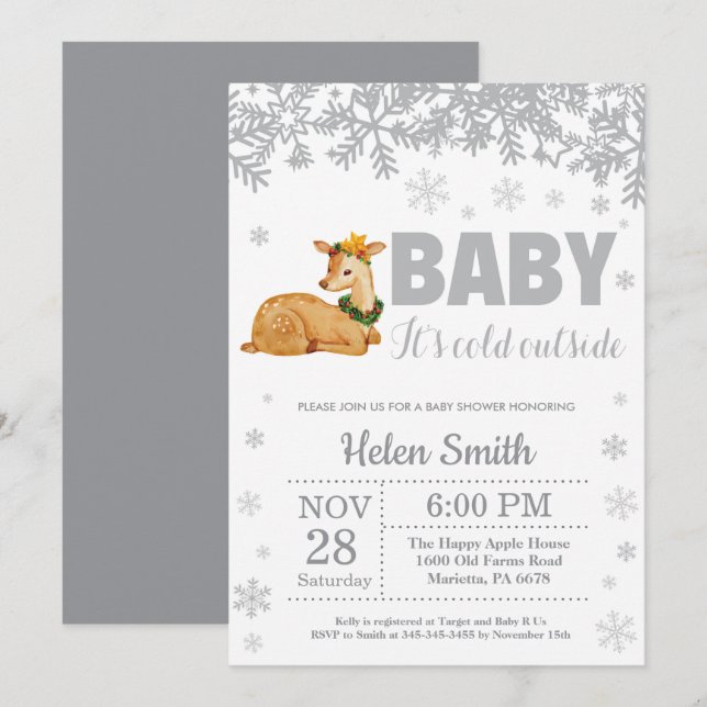 Inbjudan till hjort Winter Baby Shower Snowflake (Fram/baksida)