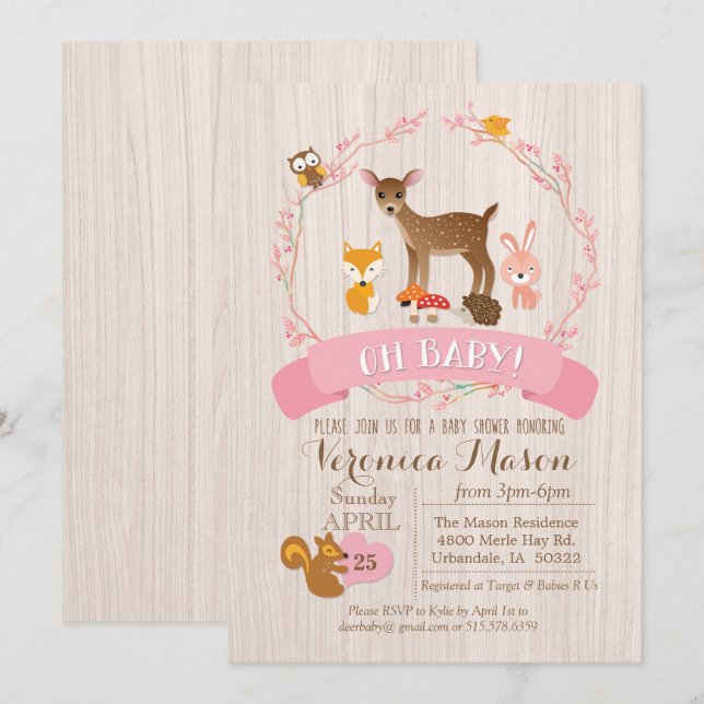 Inbjudan till hjort Woodland Animals Baby Shower (Fram/baksida)