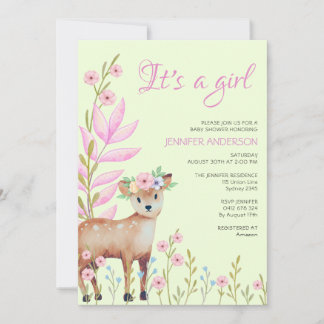 Inbjudan till Hjorten Baby Shower Girl i Cute Fawn