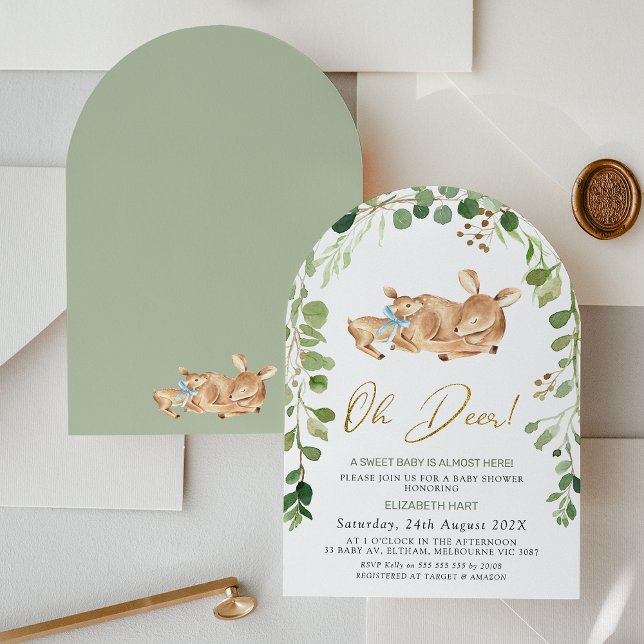 Inbjudan till Hjortens babyåda med beväpnat blått  (Greenery Arched Oh Deer Baby Shower Invitation, Gender Neutral, Deer Fawn Baby Shower Invite Foliage)