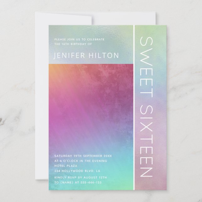 Inbjudan till holografisk sweet sixteen med enkel  (Framsida)
