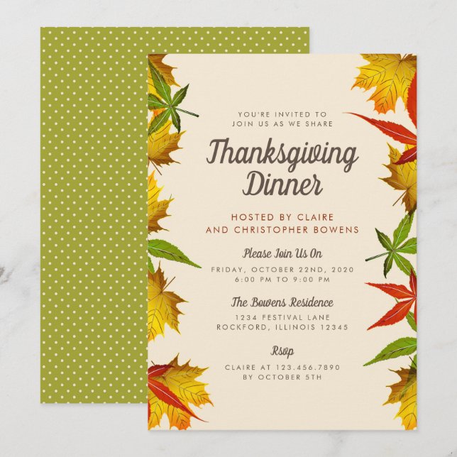 Inbjudan till höst löv Thanksgiving Middag Party (Fram/baksida)