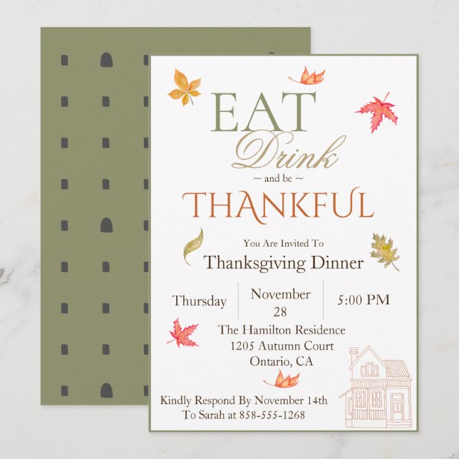 Inbjudan till Höst löv Thanksgiving på middagen (Fram/baksida)