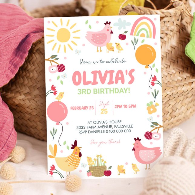 Inbjudan till höstens födelsedag Rainbow Chicken V (Chicken Birthday Invitation)