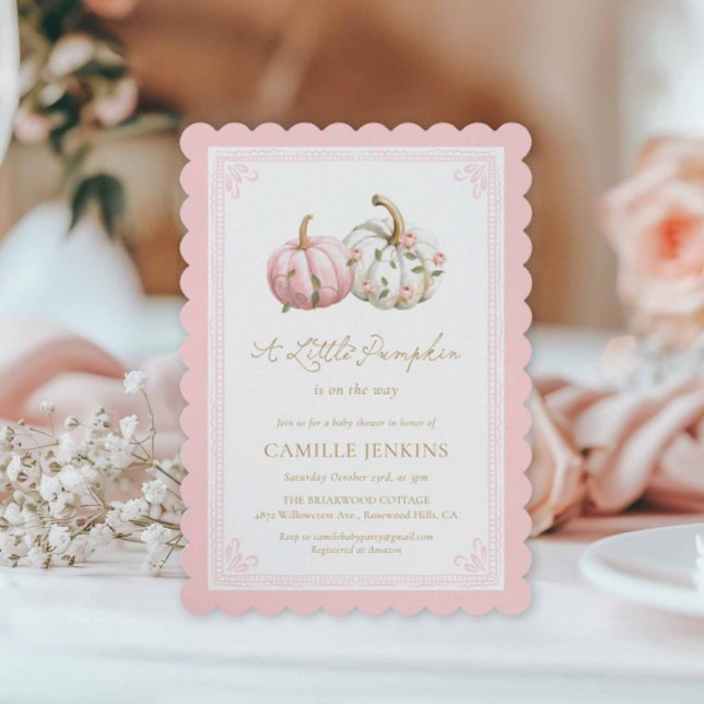 Inbjudan till hösttema barnkalas med rosa pumpa fö (Fall Pink Girl Baby Shower Invitation)